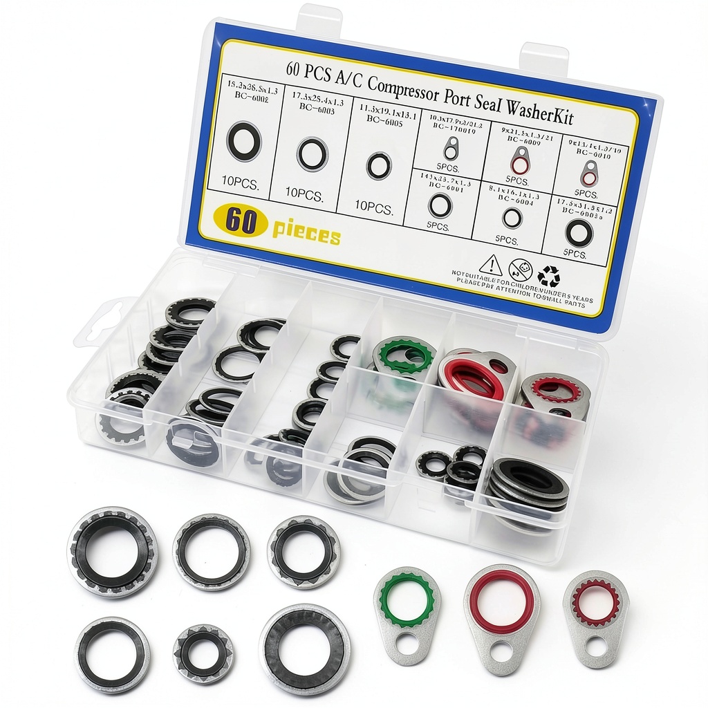 KEVWR A/C compressor seal kit displayed on a workshop bench